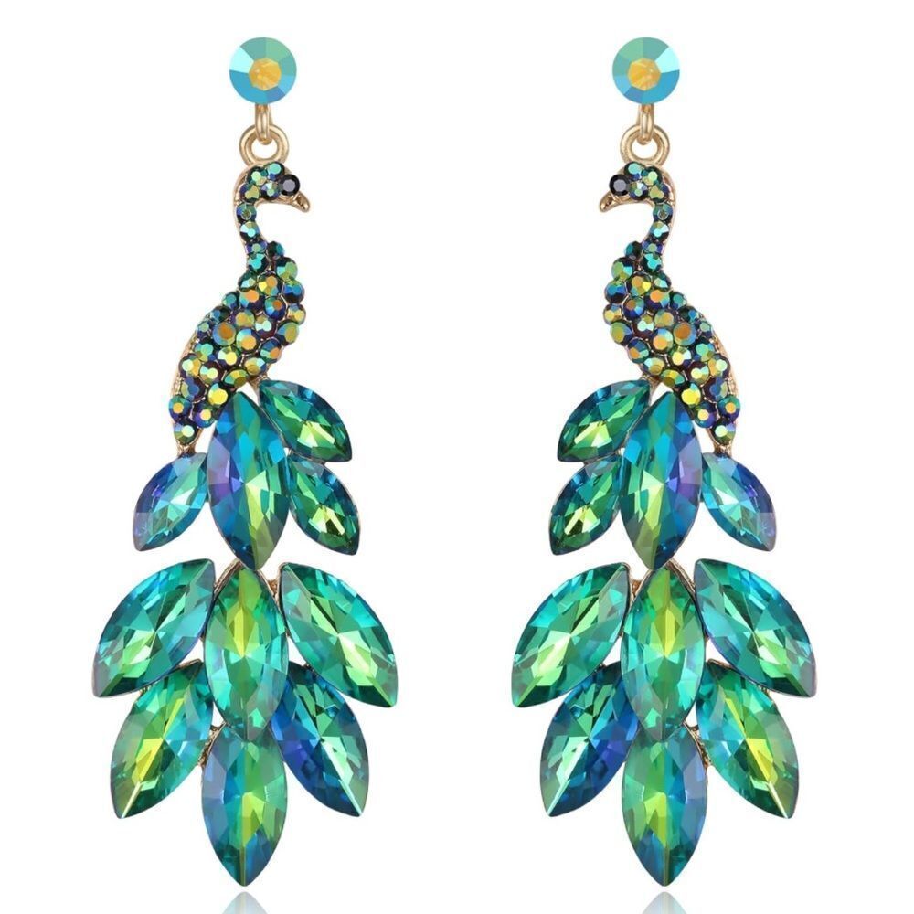 Yellow Gold and Green Iridescent AB Austrian Crystal Peacock Chandelier Earrings